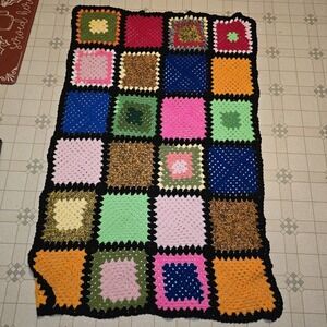 Vtg Granny Crochet Squares Afghan Retro Boho Throw Blanket 60x40‎ Vibrant Colors